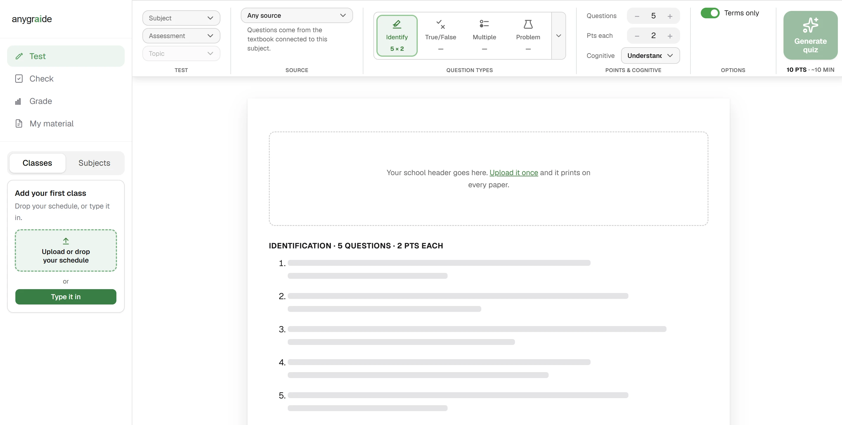 The AnyGraide Test screen: pick a subject and question types, and the quiz fills the page.